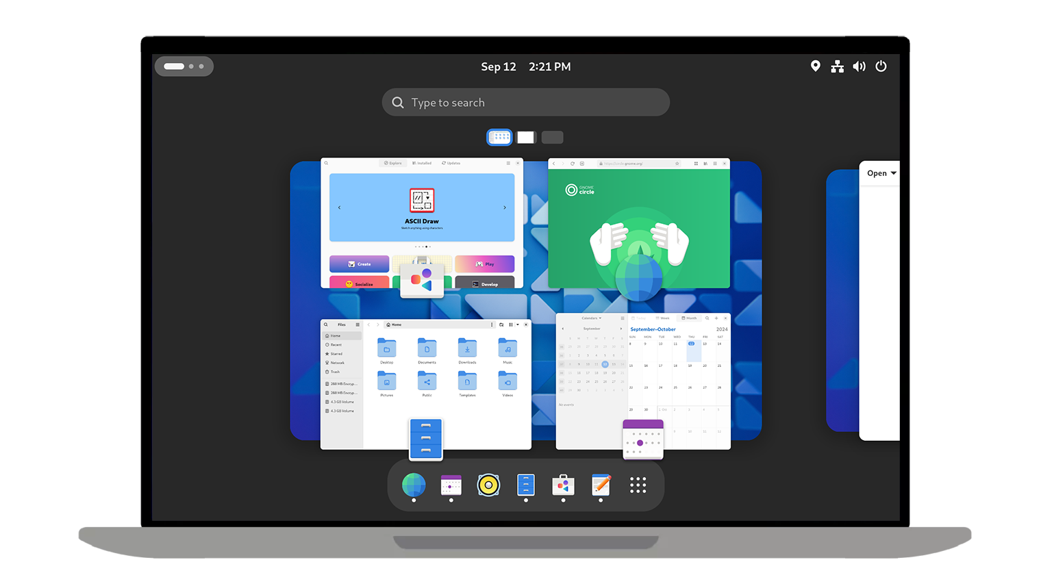 illustration of laptop showing GNOME workspaces